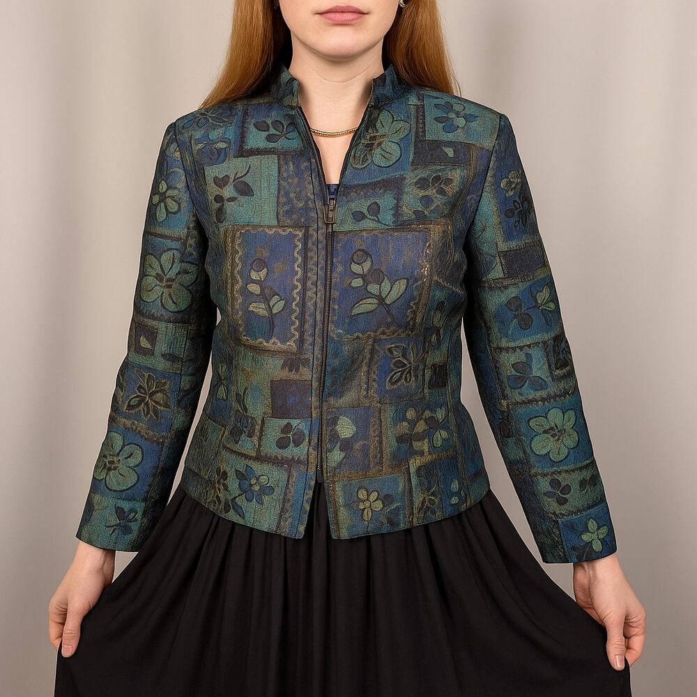 Vintage 90s Coldwater Creek Floral Tapestry Jacket Blue Green Zip Up